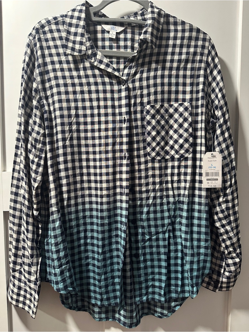 Time and Tru Navy & White Gingham Button-Down Shirt with Teal Ombre